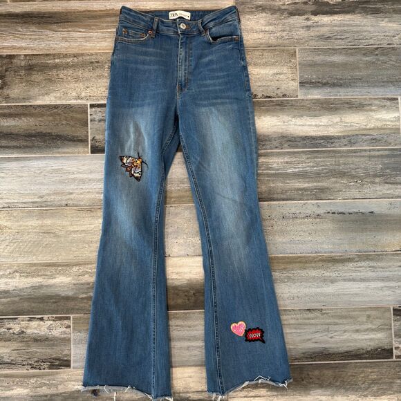 Zara Denim Jeans, Upcycled Sexy Patches, High Waisted, Flare Leg, Curvy Fit 36 - Picture 5 of 7